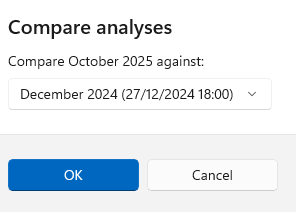 The compare analyses dialog, offering an analysis to compare the current one against