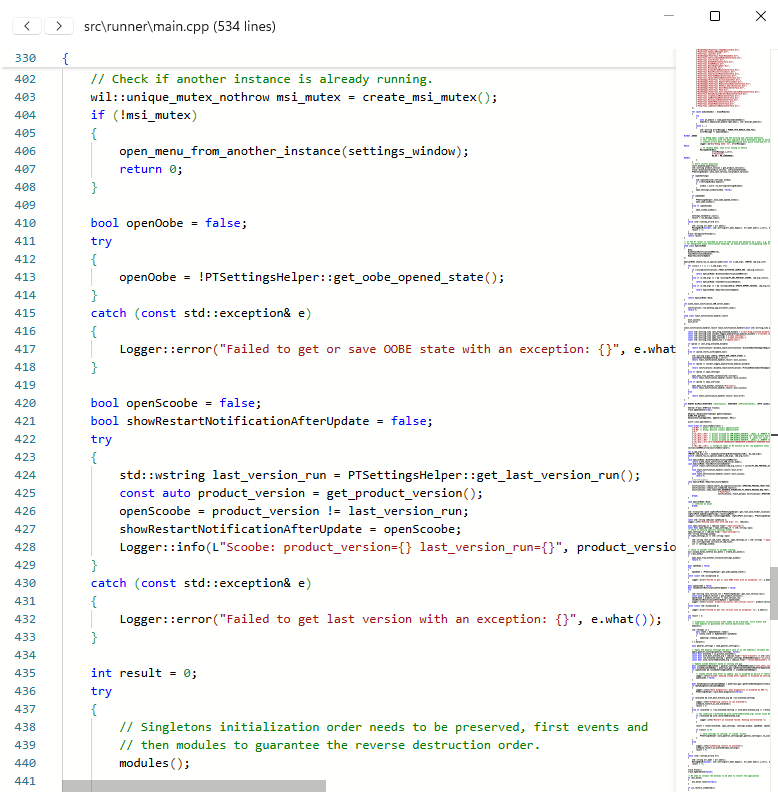 The read-only source viewer showing a C++ file with syntax colouring and a minimap