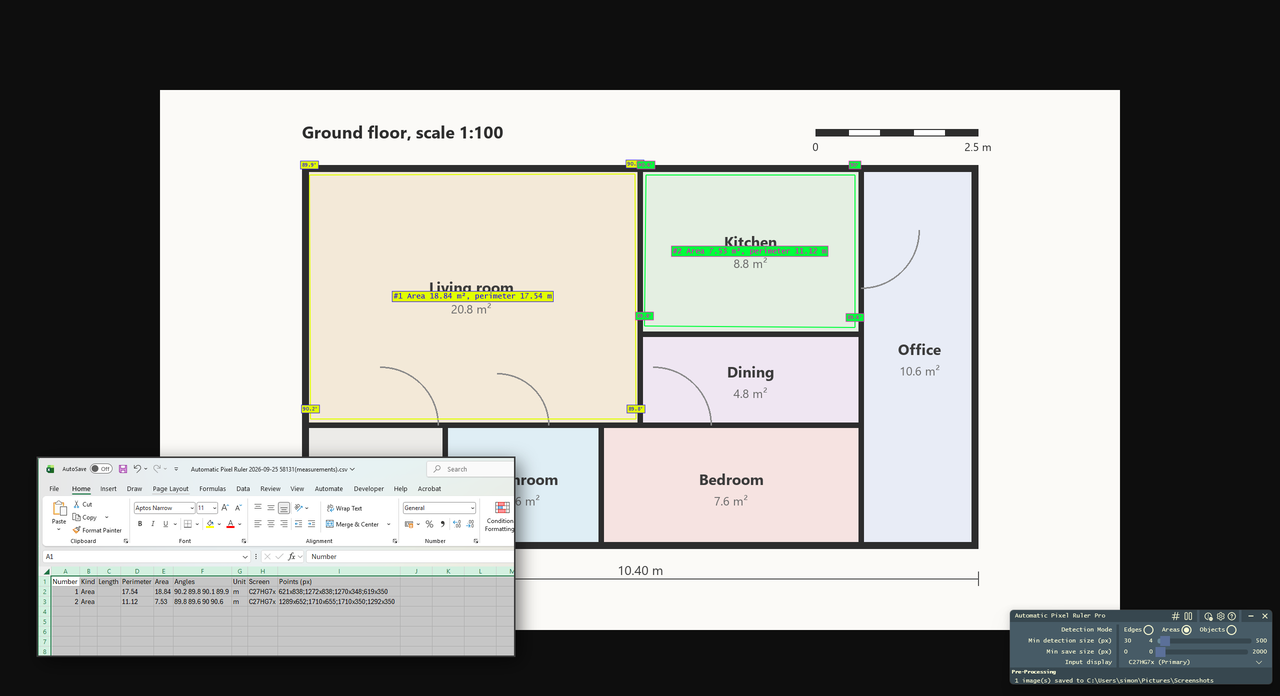 Measurements exported and opened in Excel