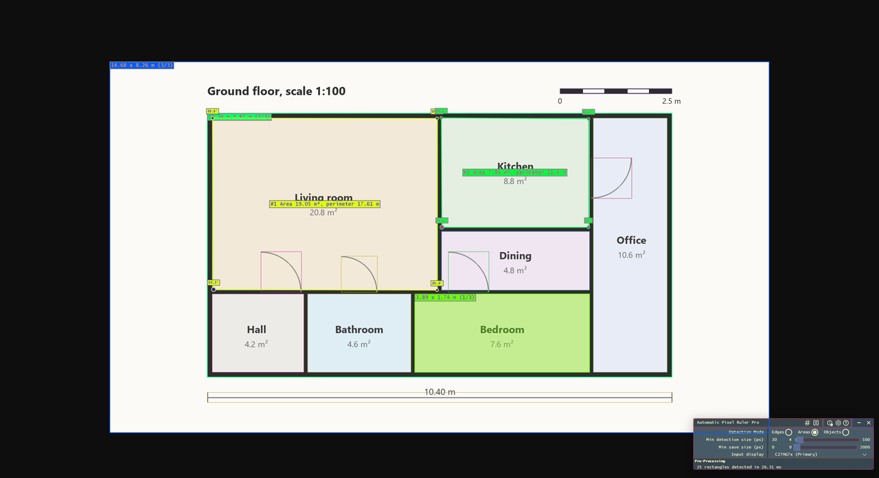 Rooms measured in square meters on a calibrated floor plan