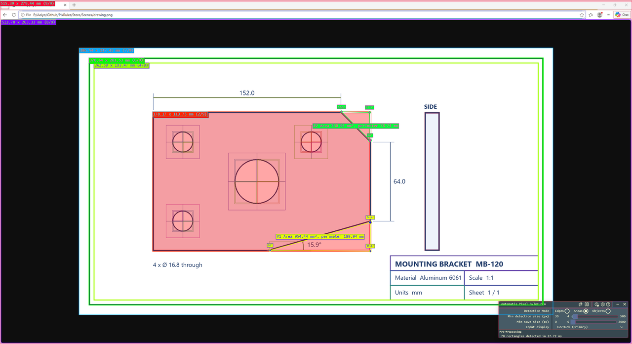 Paths and angles measured on a technical drawing